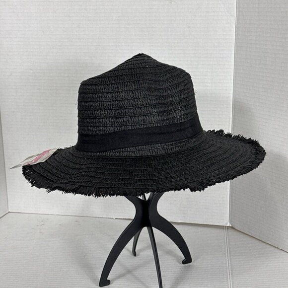 Fashion Hat Woven Fringed Sun Hat Grosgrain Ribbon Band Black NWT 9037 - Picture 3 of 14